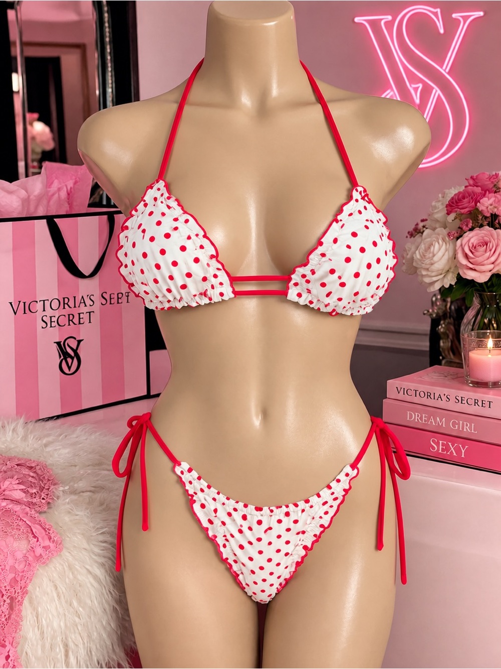 Victoria's Secret White with Red Polka Dot Ruffled Triangle Bikini